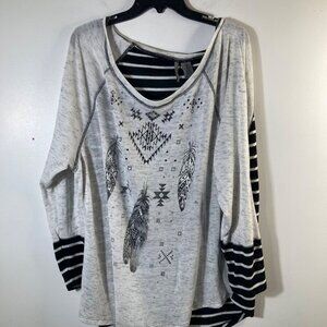New‎ Directions Aztec Tunic Aztec Feathers Studs Gray Black 3X
